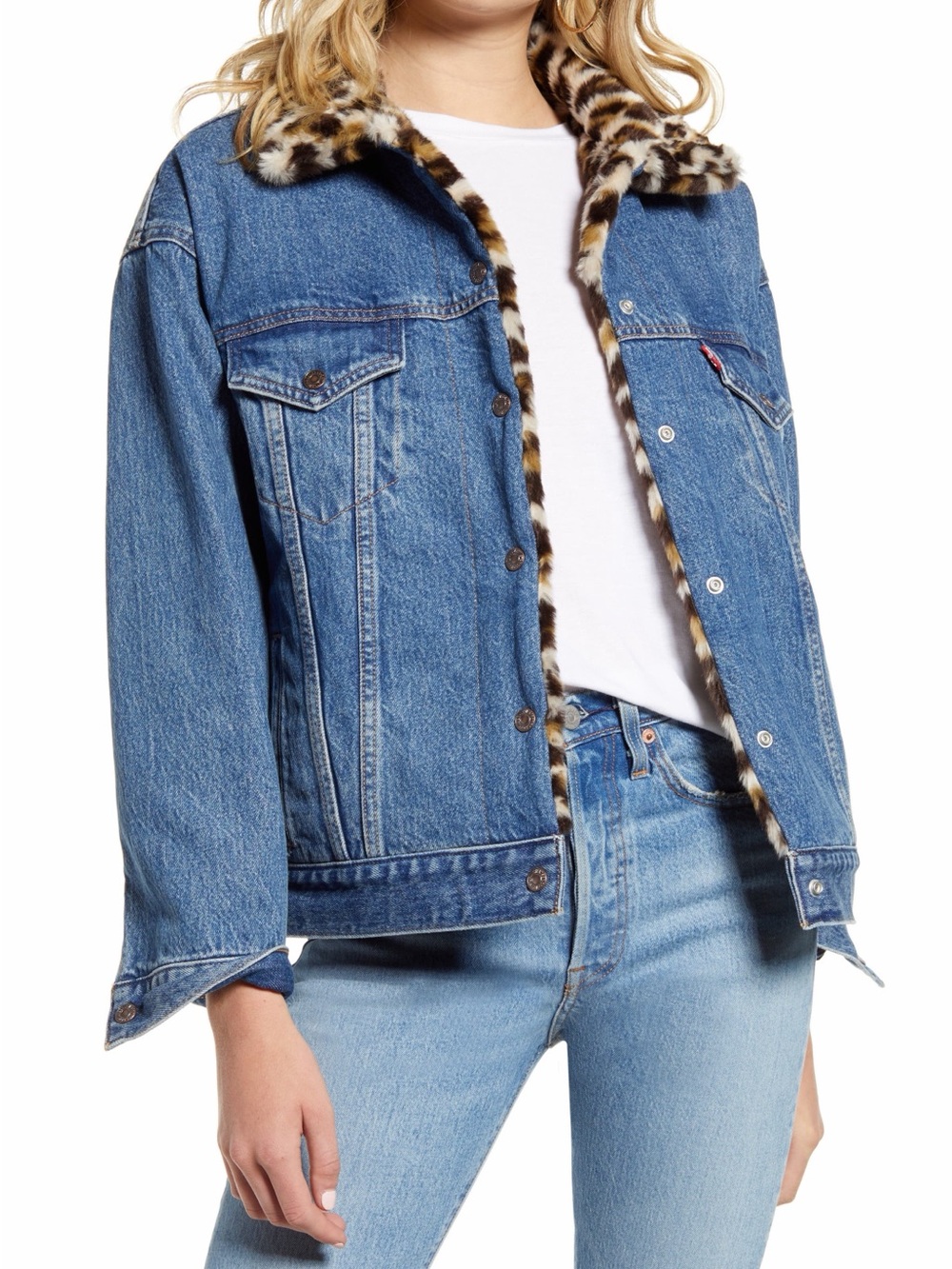 LEVI'S Oversize Reversible Faux Fur Leopard & Denim Trucker Jacket